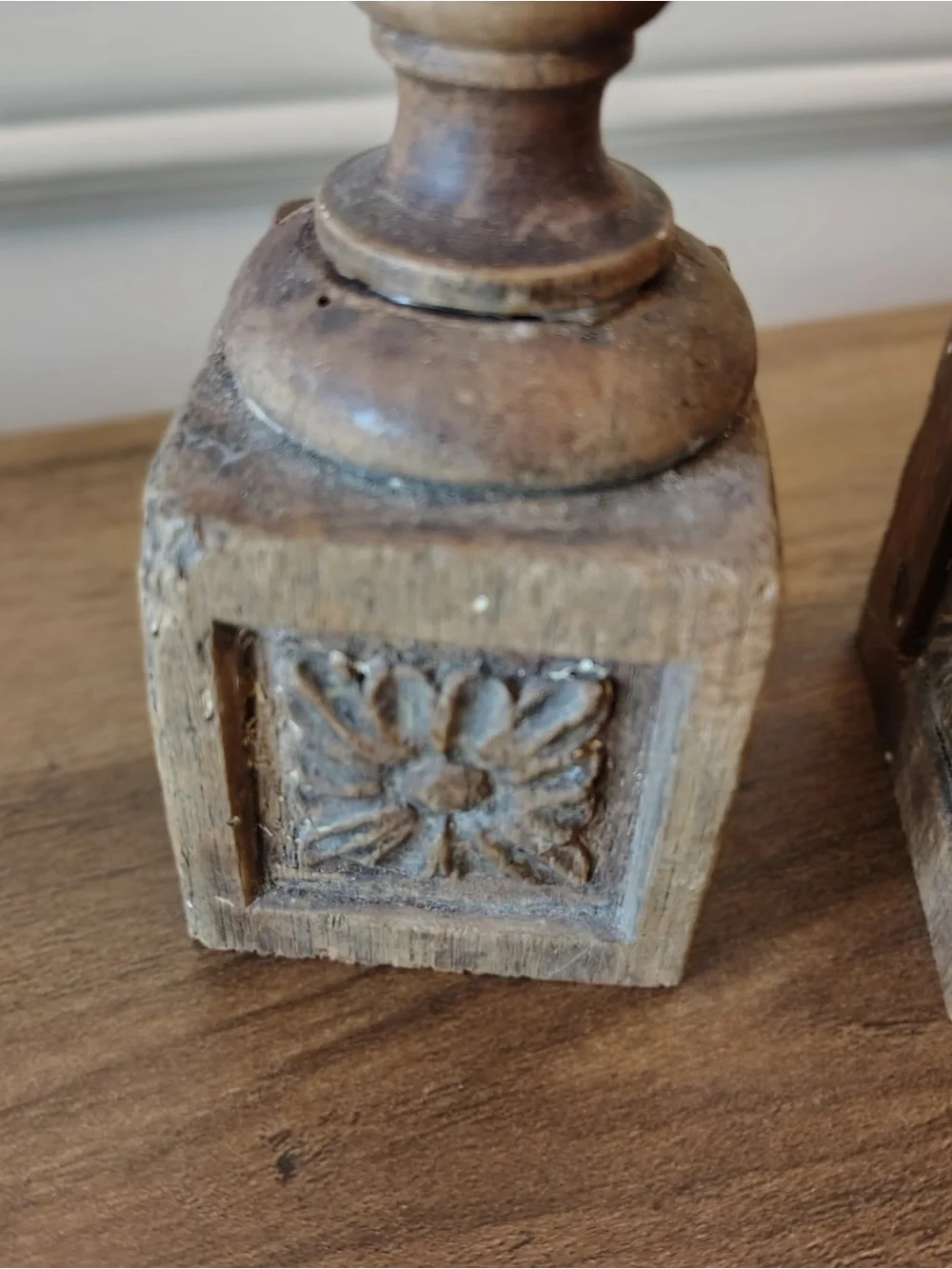 Antique Wood Staircase Finials Pair Carved Artichoke Newel Post Caps Salvage